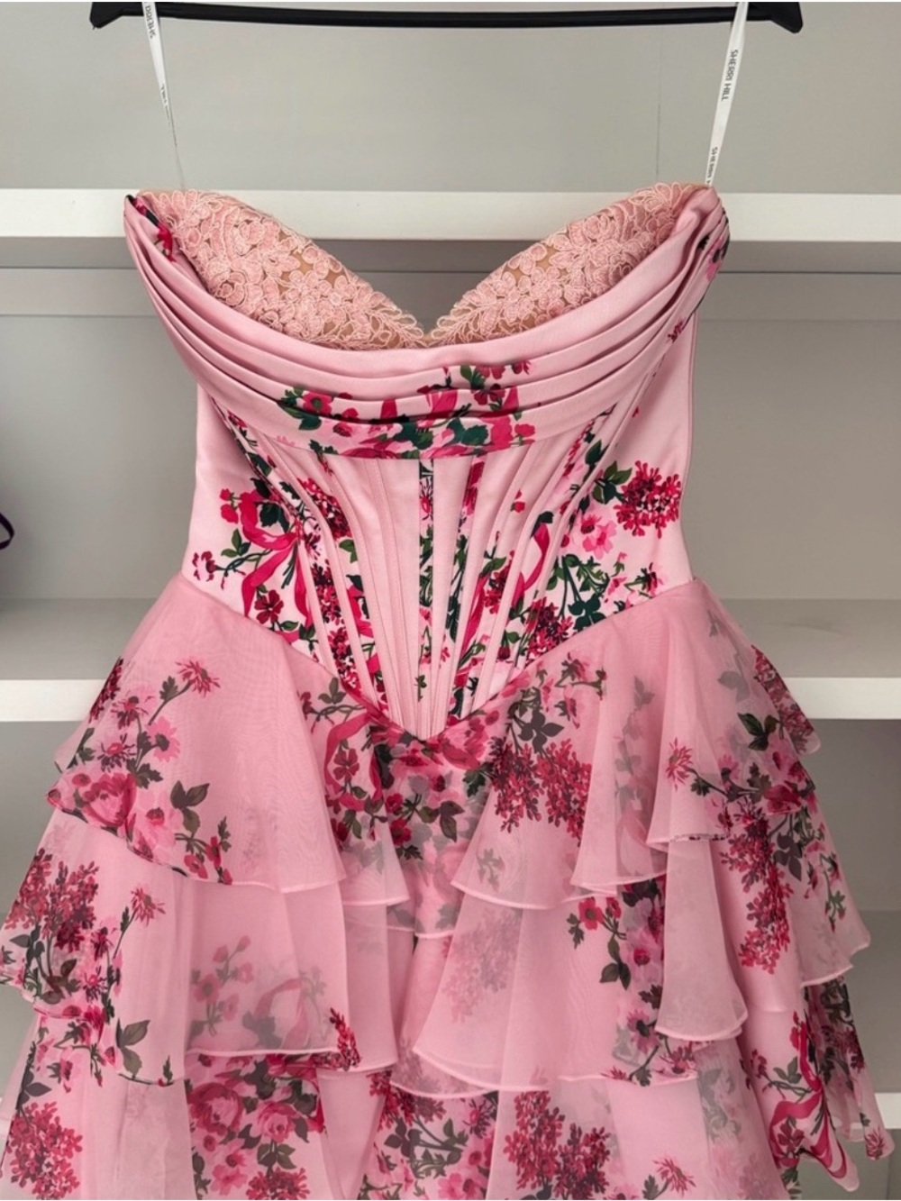 Sherri Hill Pink Floral Strapless Mini Dress - Picture 5 of 7